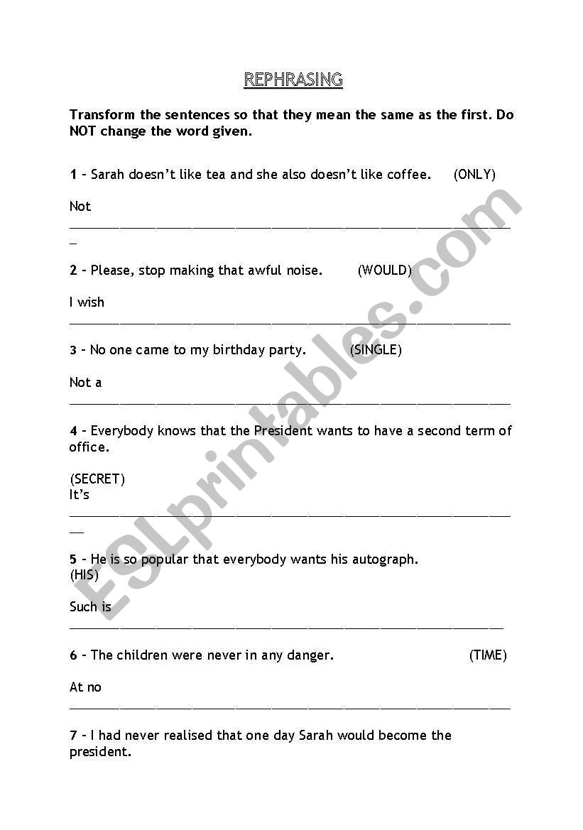 Rephrasing worksheet