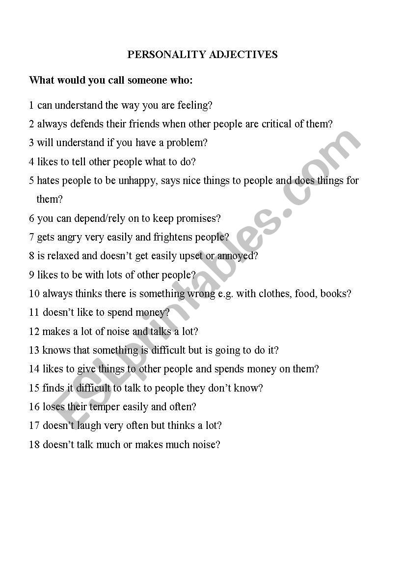 personality adjectives worksheet