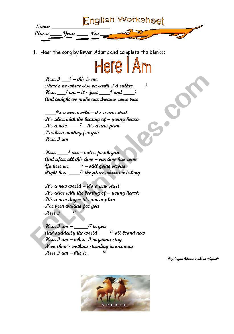 Here I am by Bryam Adams worksheet