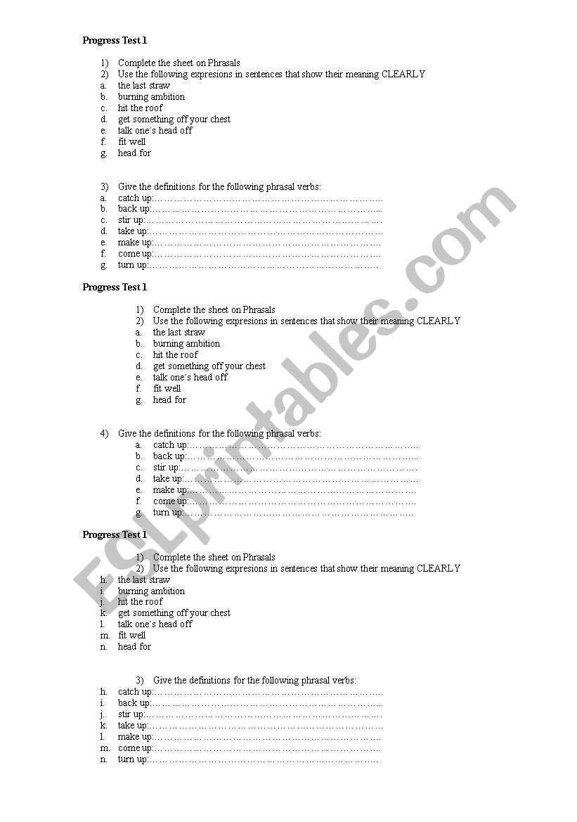 Vocabulary test worksheet
