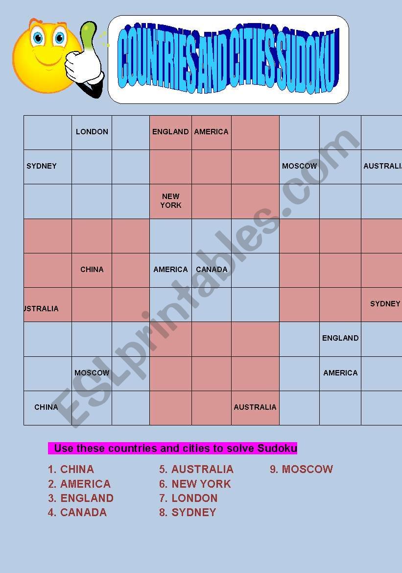 countries and cities sudoku worksheet