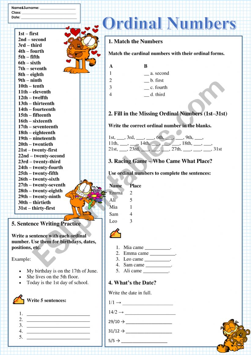 Ordinal Numbers with Garfield (Answer key included)