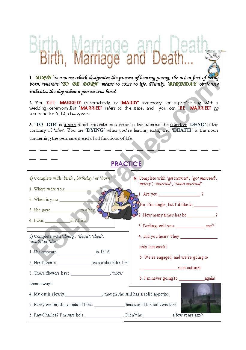 Birth, marriage and death, useful vocabulary