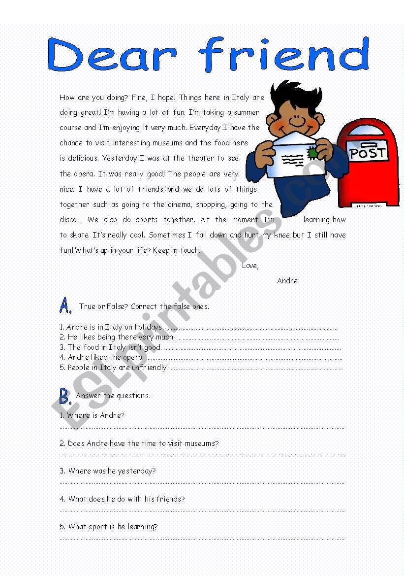 Reading - Dear friend worksheet