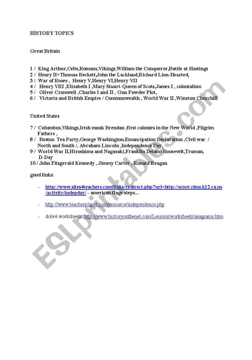 Topics worksheet