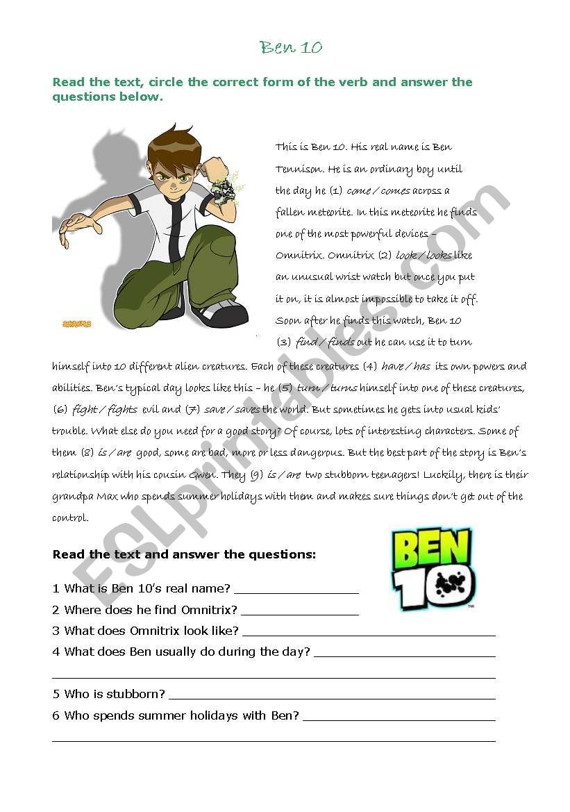 Ben 10 - reading comprehension - simple present tense - ESL worksheet