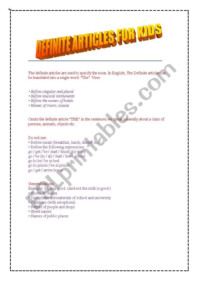 Definite articles fopr kids worksheet