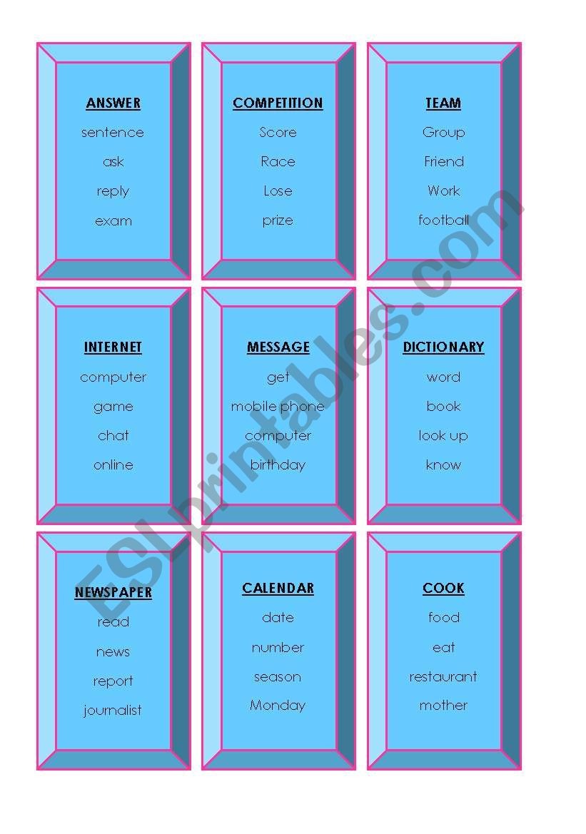 TABOO GAME FOR YOUNG LEARNERS worksheet