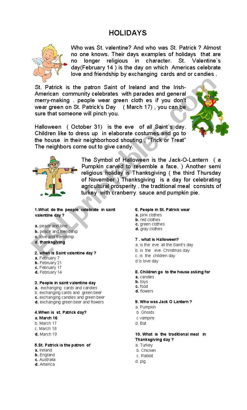 HOLIDAYS READING worksheet