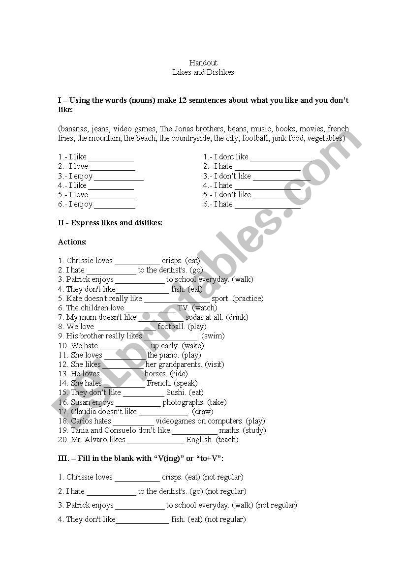 likes and dislikes worksheet