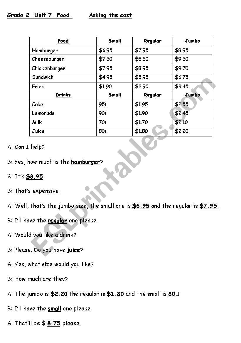 Ordering Food (Prices)  worksheet