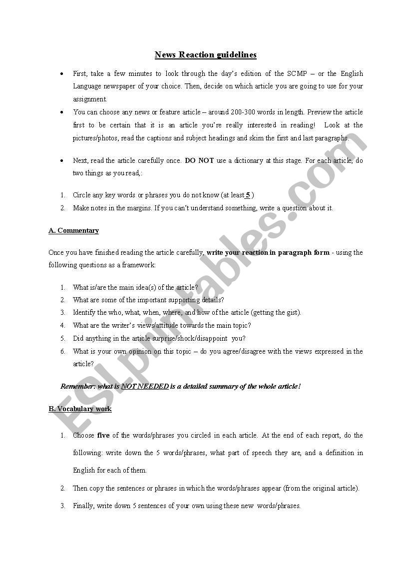 News Reports Guidelines worksheet