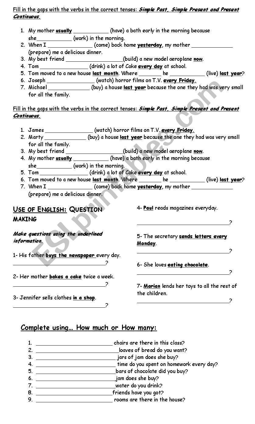 Fill in the gaps with the verbs in the correct tenses: Simple Past, Simple Present and Present Continuous.