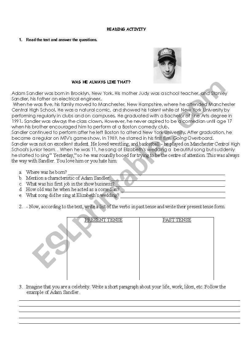 ADAM SANDLERS BIOGRAPHY worksheet