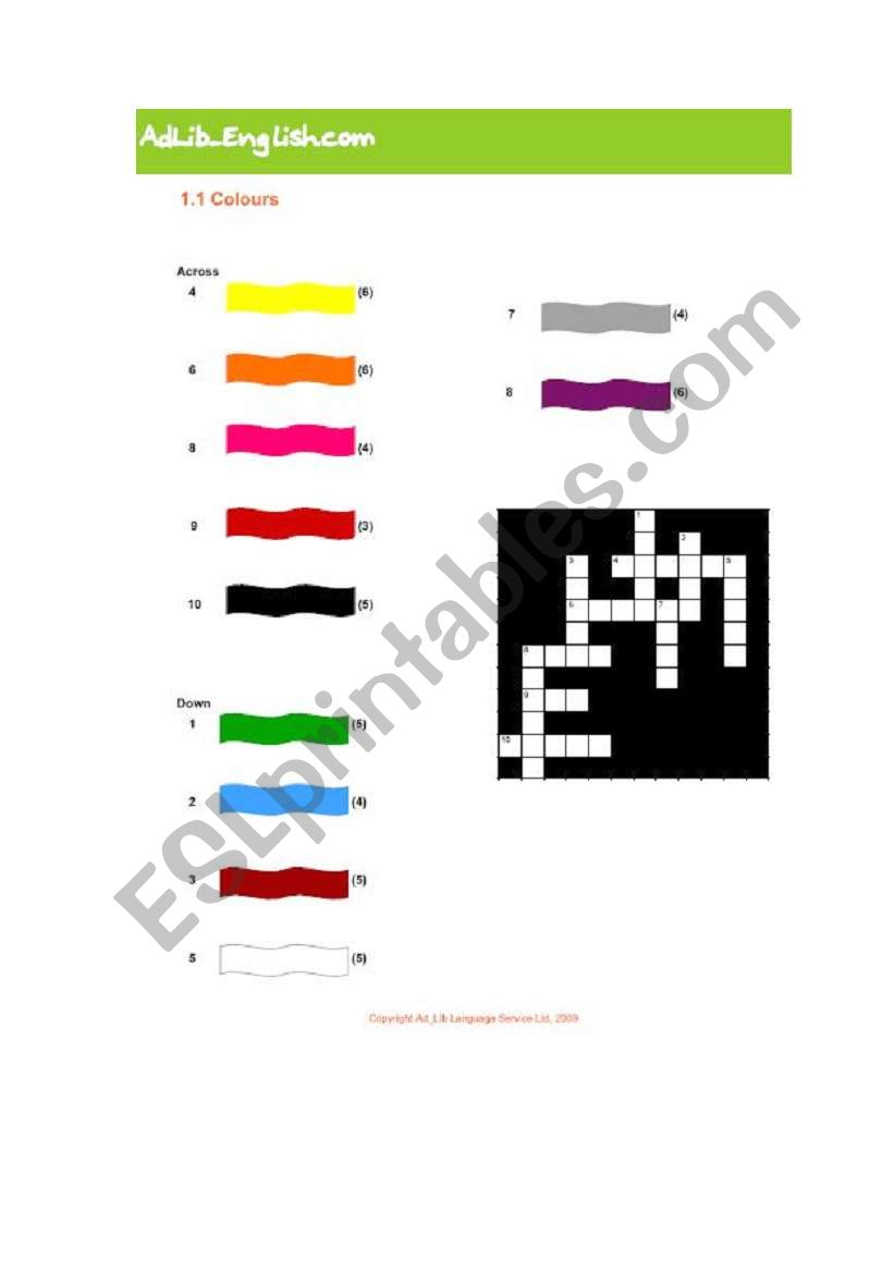 crossword colours worksheet