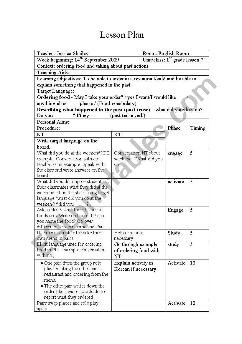 Ordering Food Lesson Plan worksheet