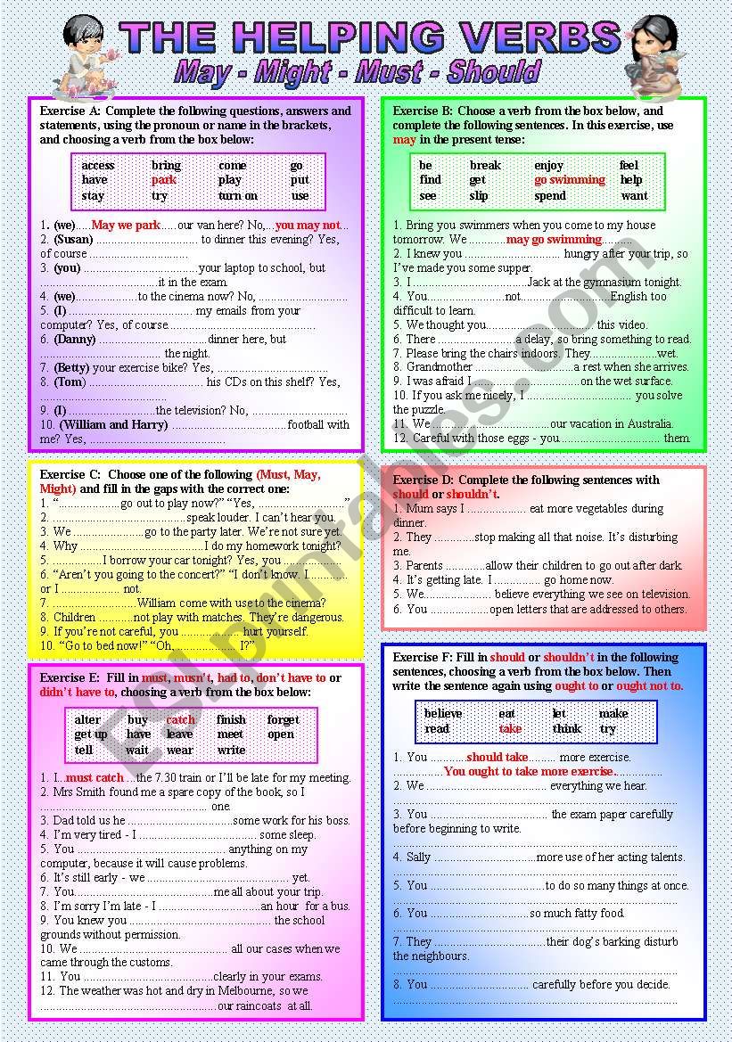 HELPING VERBS/MODALS - MAY - MIGHT - MUST - SHOULD  - (( 6 Exercises & 58 Exercises to complete )) - elementary/intermediate - (( B&W VERSION INCLUDED ))