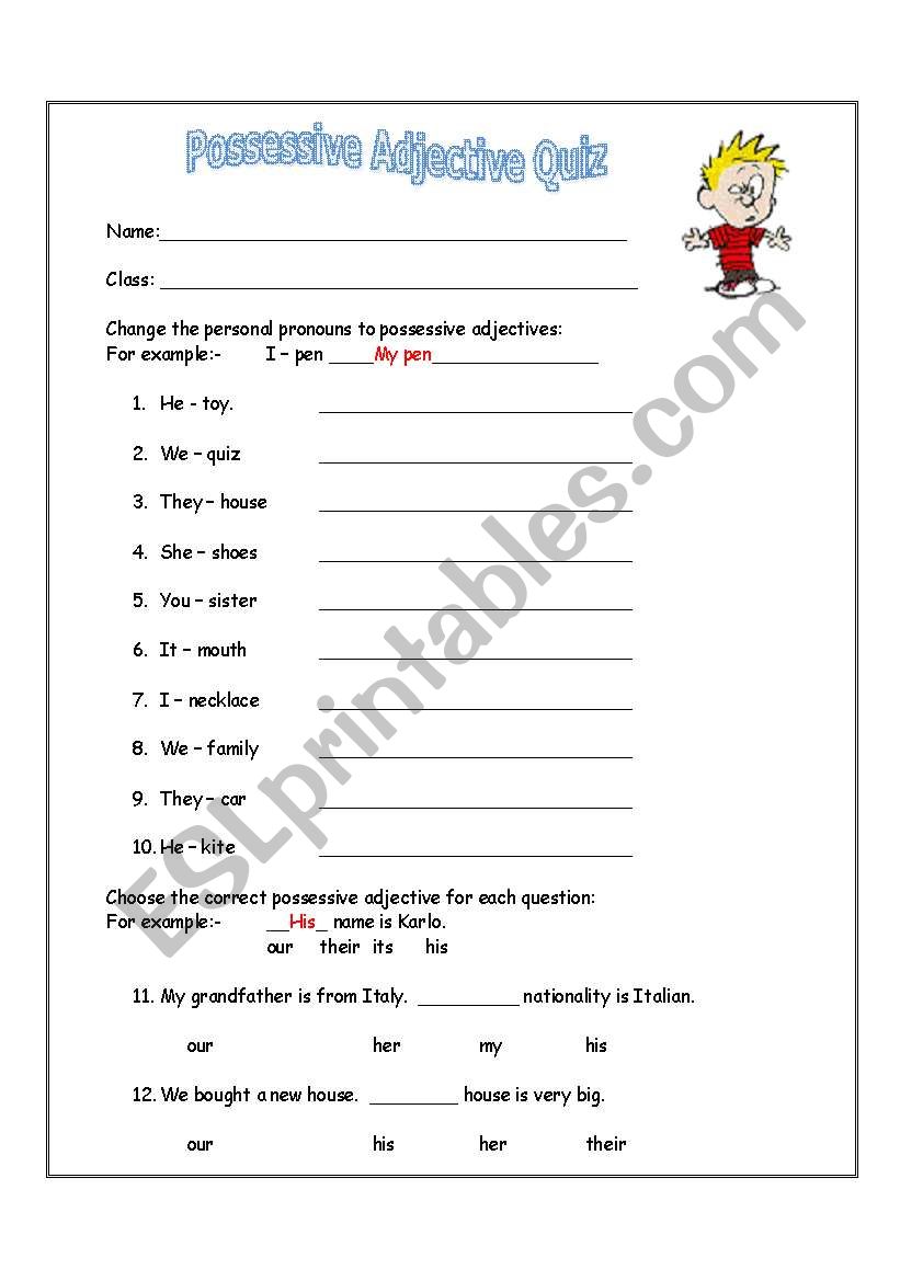 Possessive Adjectives Quiz worksheet