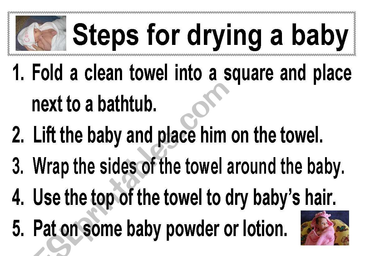 Steps for drying a baby worksheet