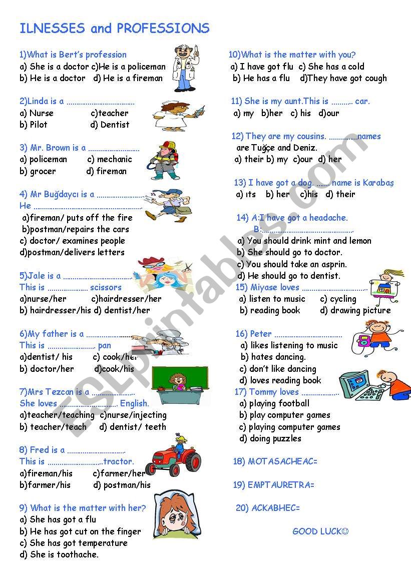 lnesses and professons worksheet