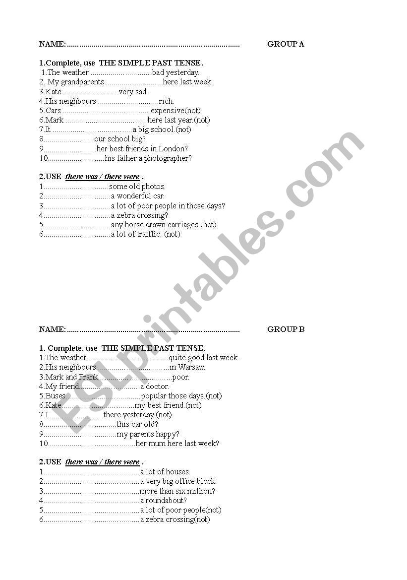 Simple Past - verb  to be worksheet