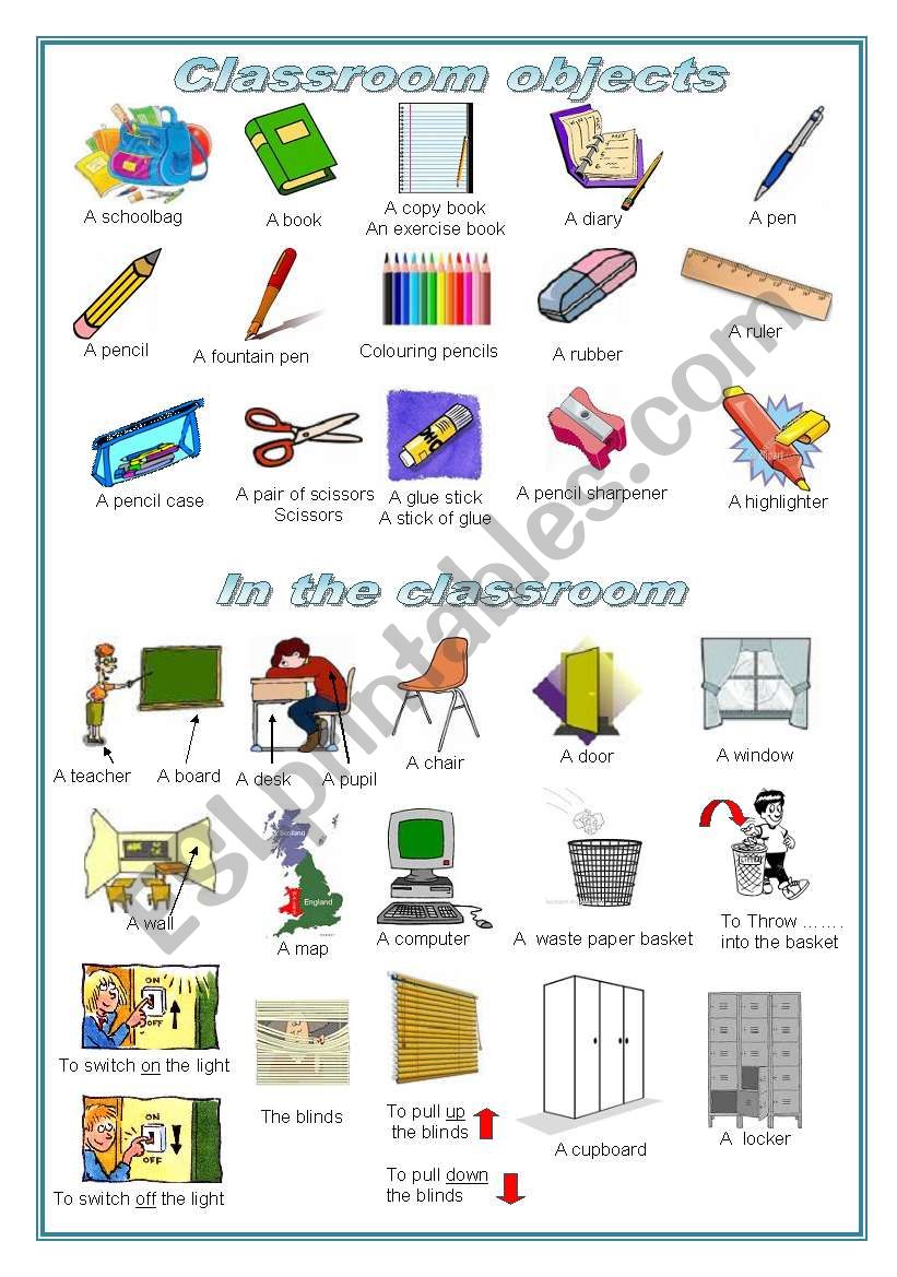 Classroom objects:  a pictionary (editable)