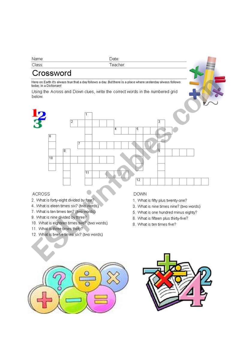 Math in English worksheet