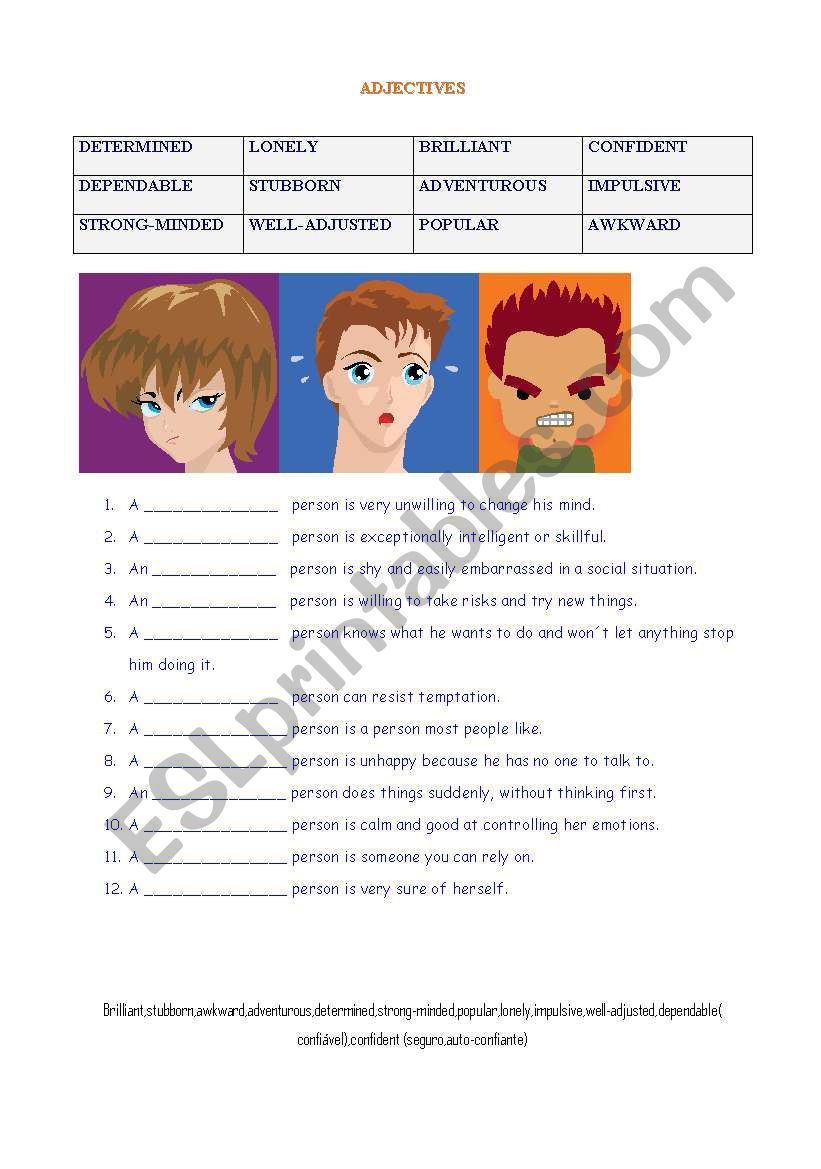 Adjectives and Definitions worksheet