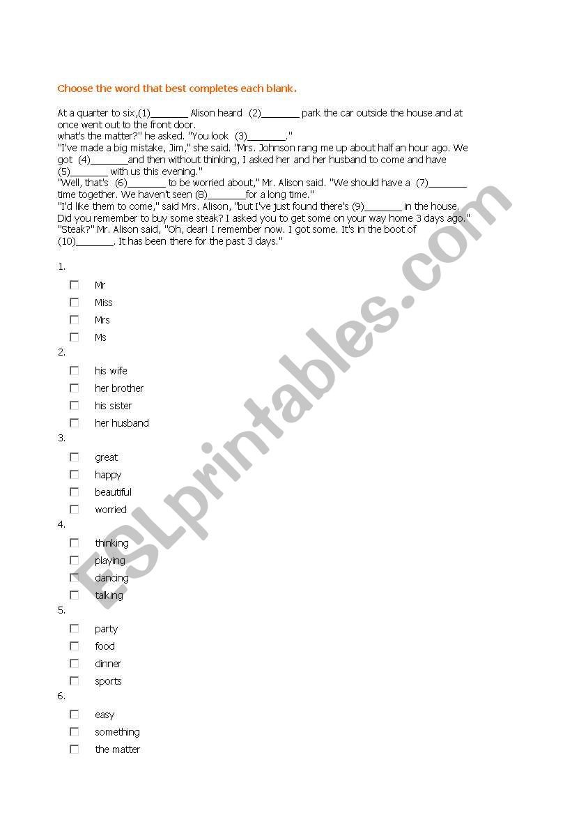 cloze test worksheet