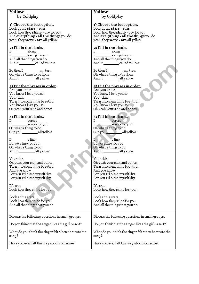 Yellow (Coldplay) worksheet