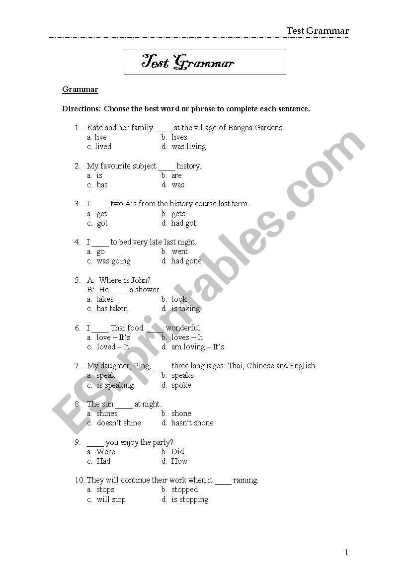 Grammar test worksheet