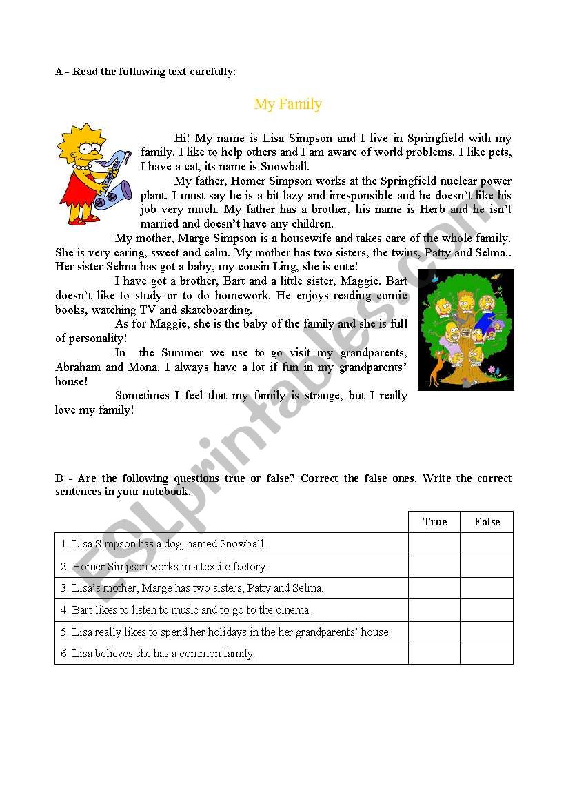 Reading and comprehension text about family - Simpsons (2 sheets)