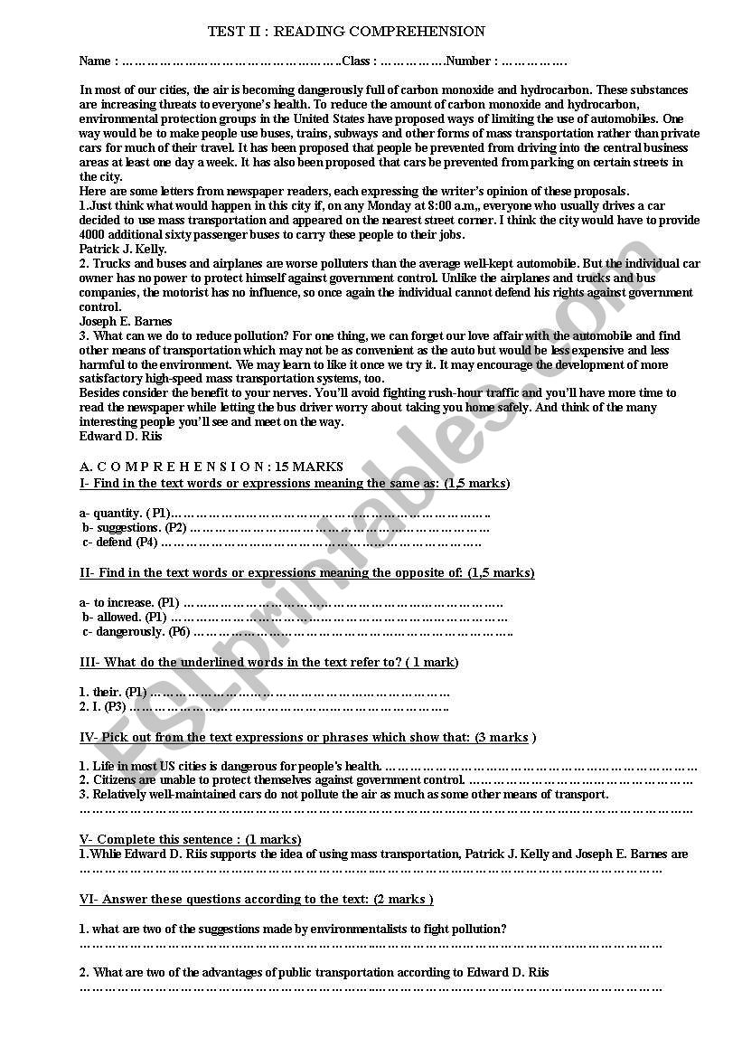 Reading Comprehension test worksheet