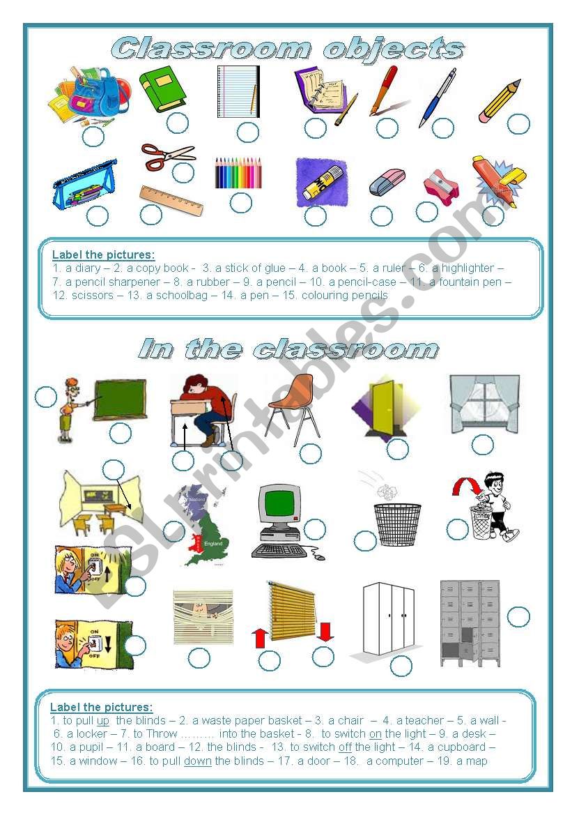 Classroom objects: label the pictures (editable)