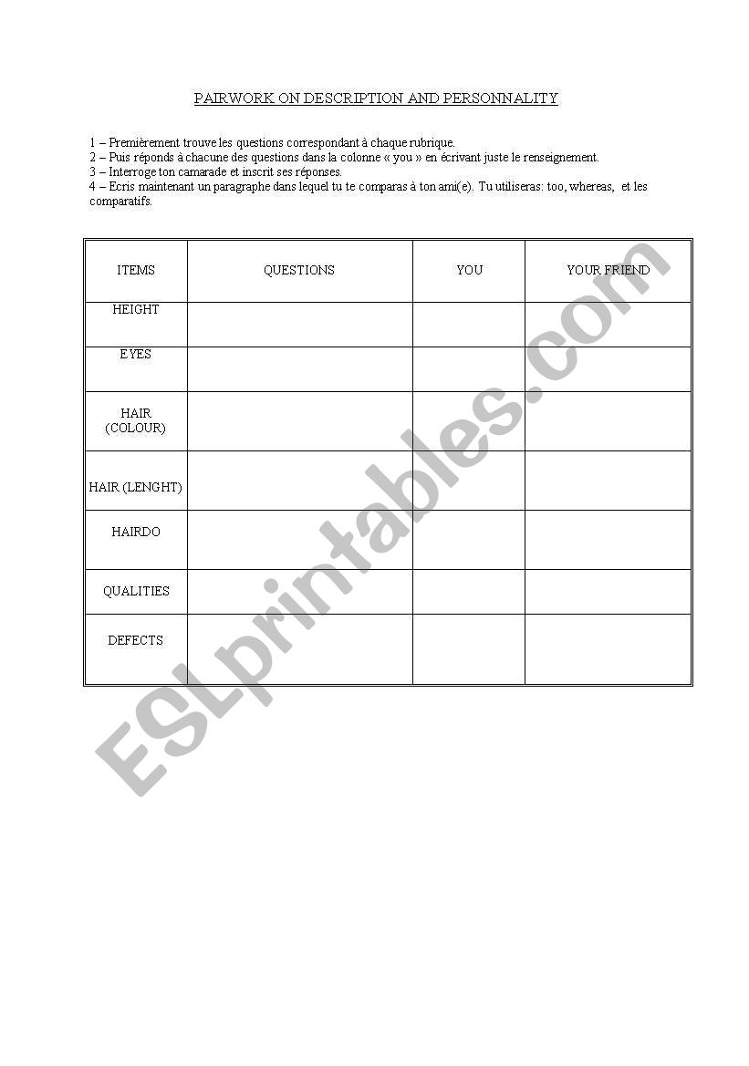 pair work on decsription and personality 
