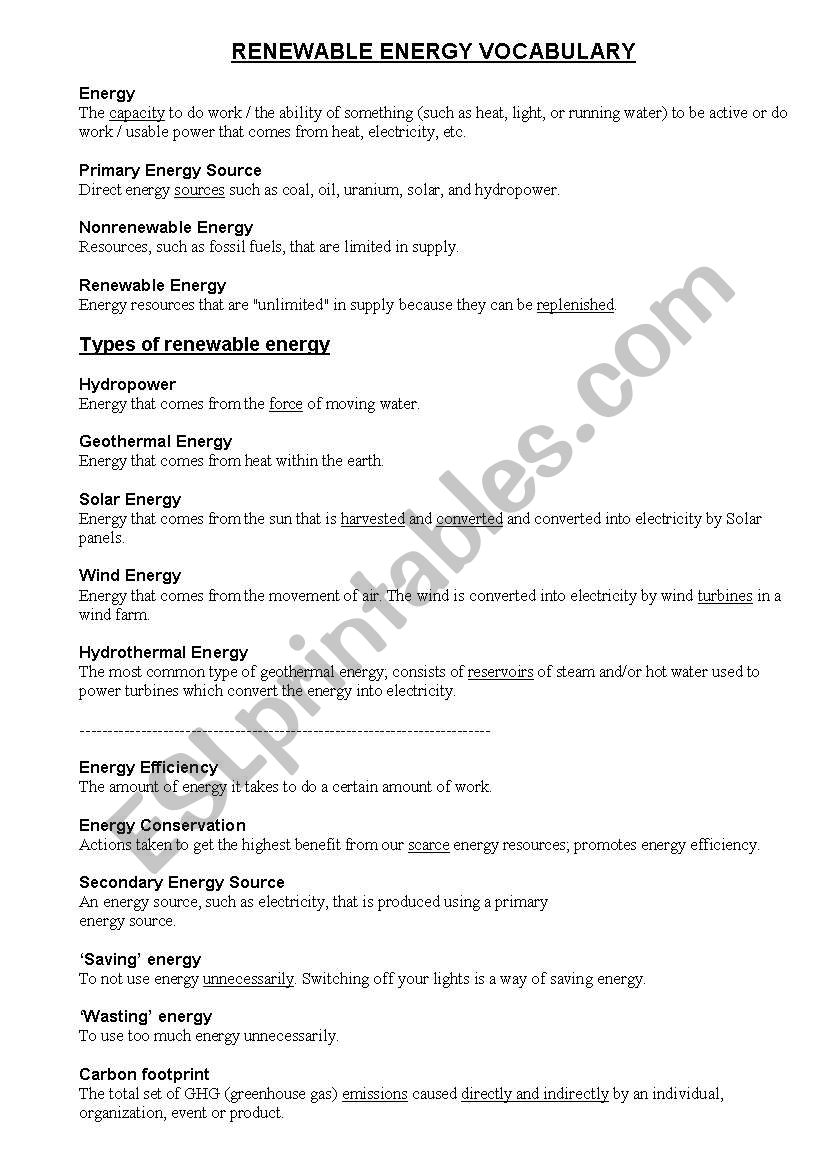 Renewable and non renewable energy worksheet- advanced 