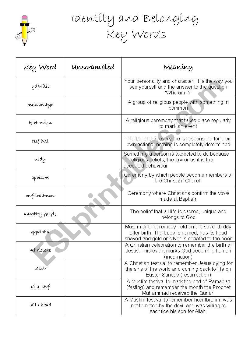 english-worksheets-gcse-key-words-identity-and-belonging-worksheet