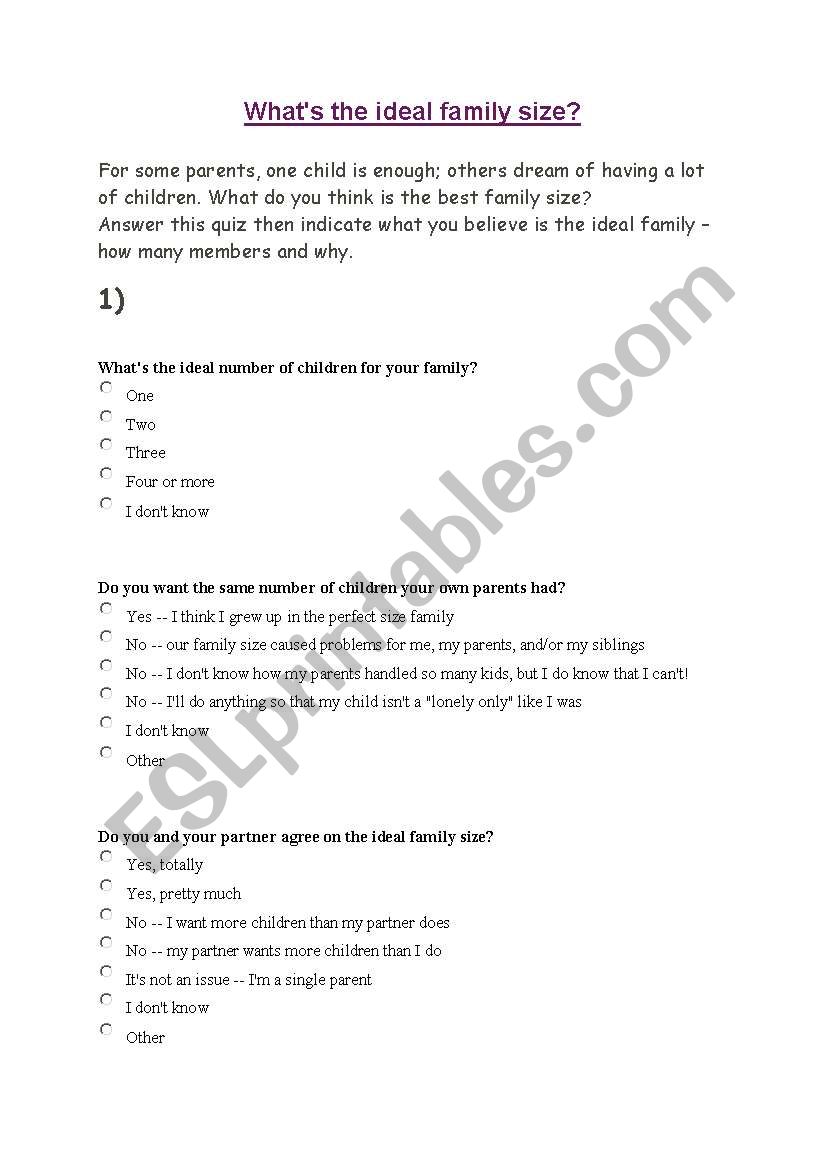 Whats the ideal family? worksheet