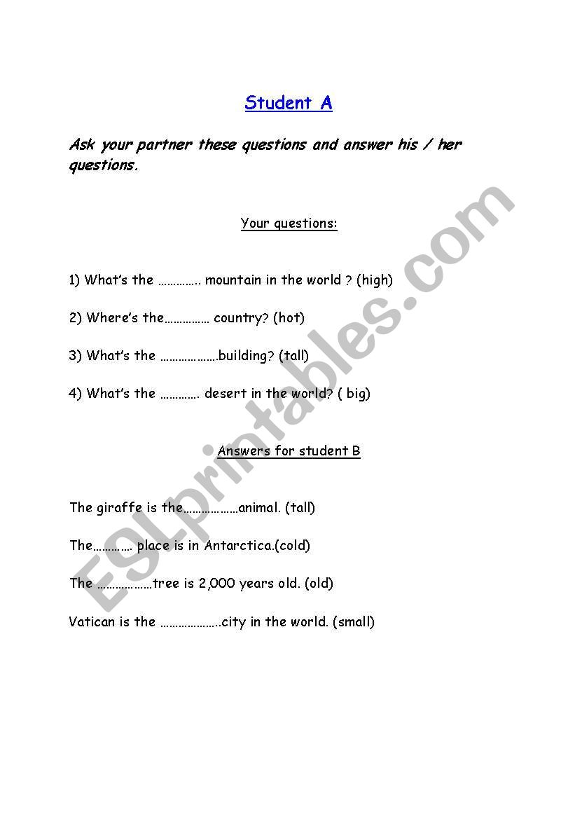 Superlatives : pair work worksheet