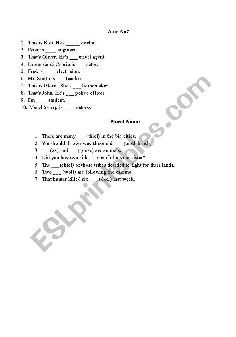 a or an worksheet