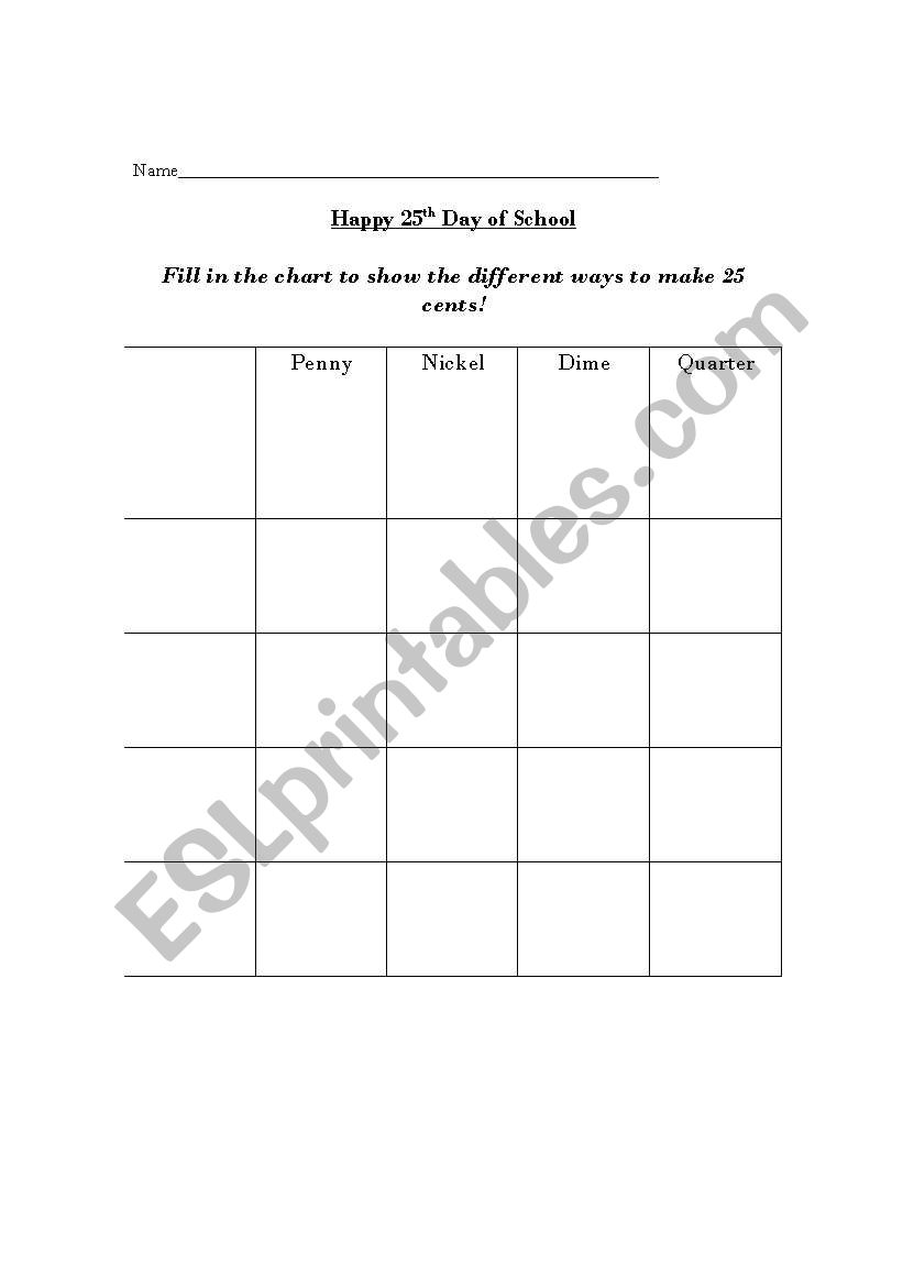 25 cents for the 25th Day worksheet