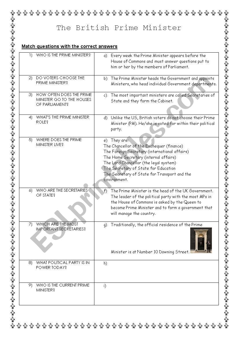 The British Prime Minister  worksheet