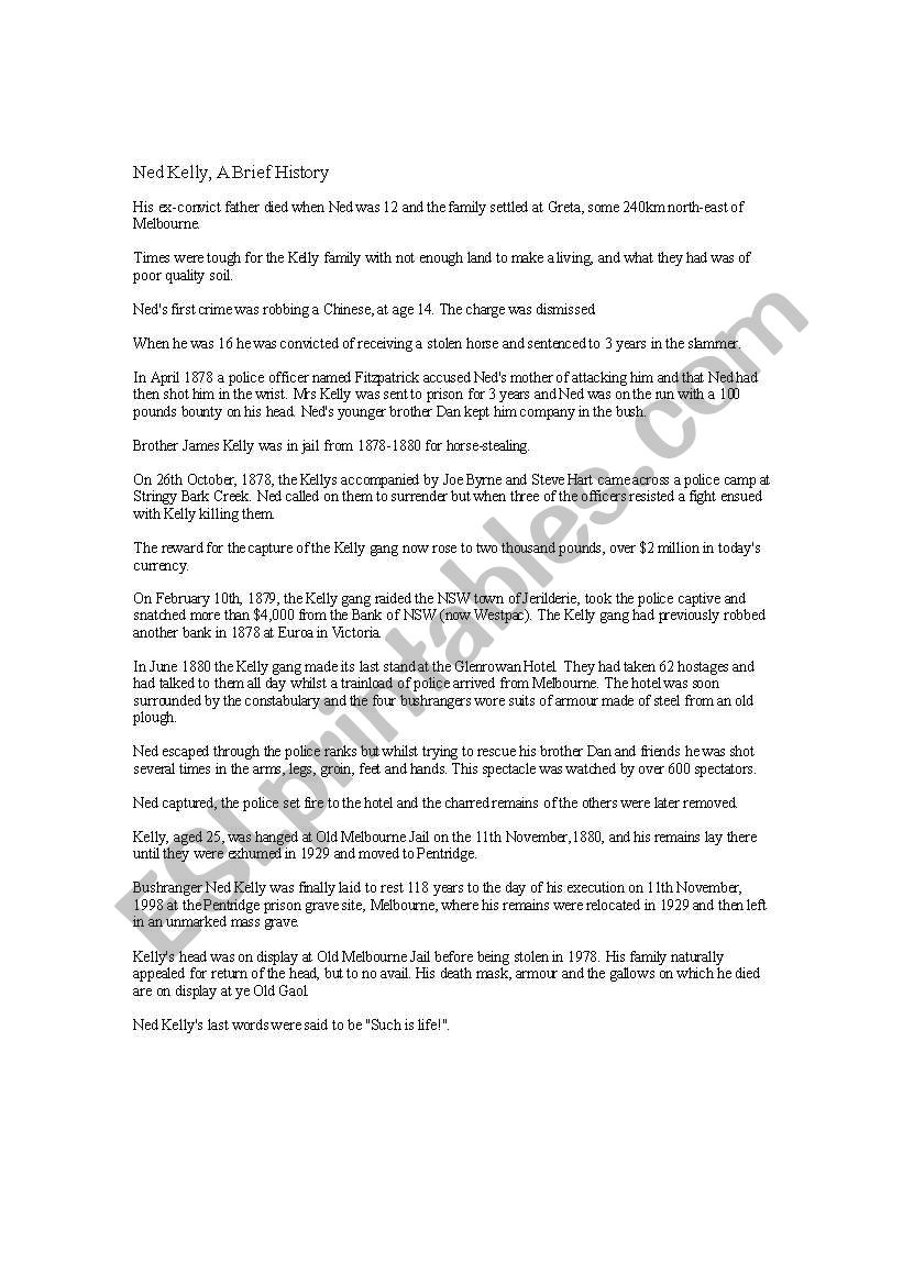 Ned Kelly, A Brief History worksheet