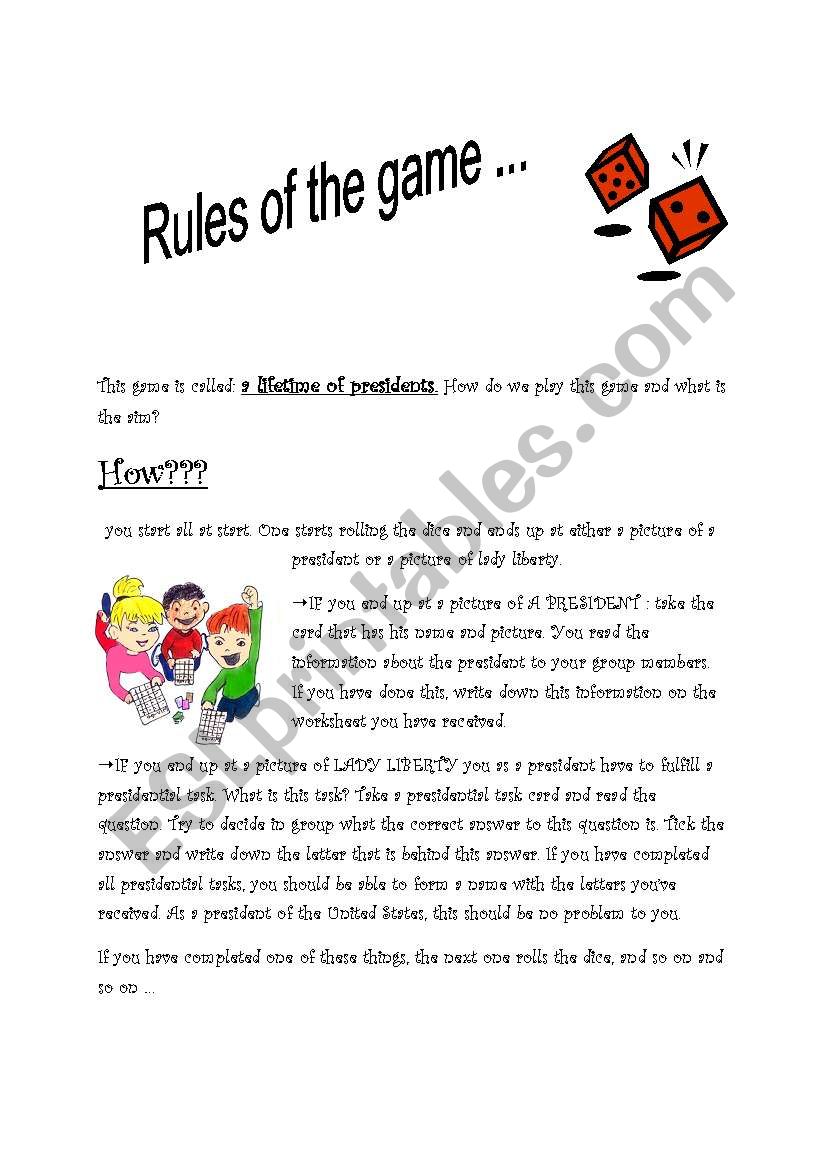 rules of the gameboard presidents game - see lessonplan American Presidents