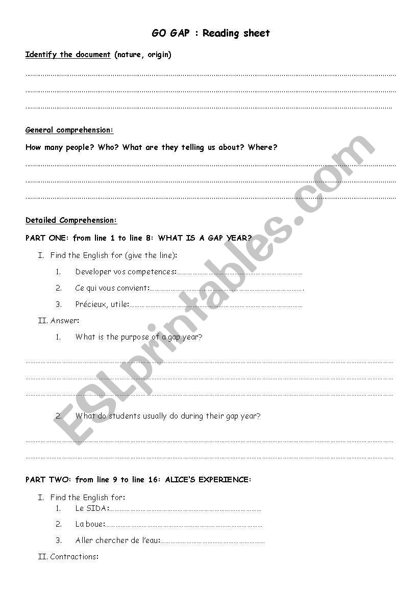 Gap Year worksheet