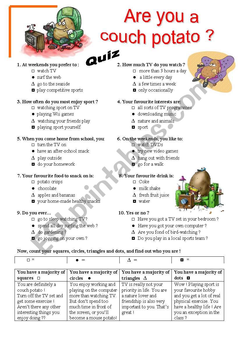 Are you a couch potato ? Quiz worksheet