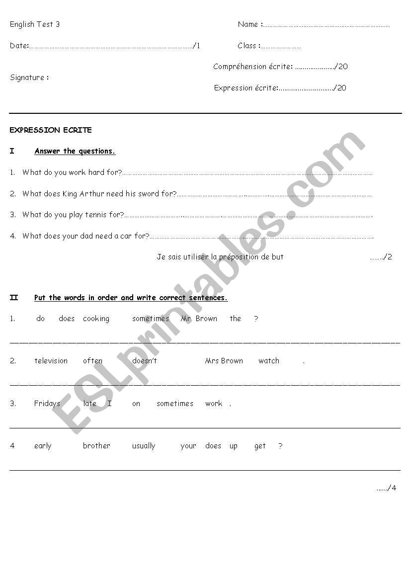 test about daily activities worksheet