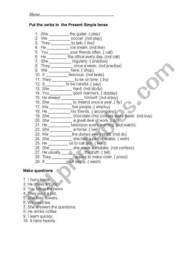 Present Simple test worksheet