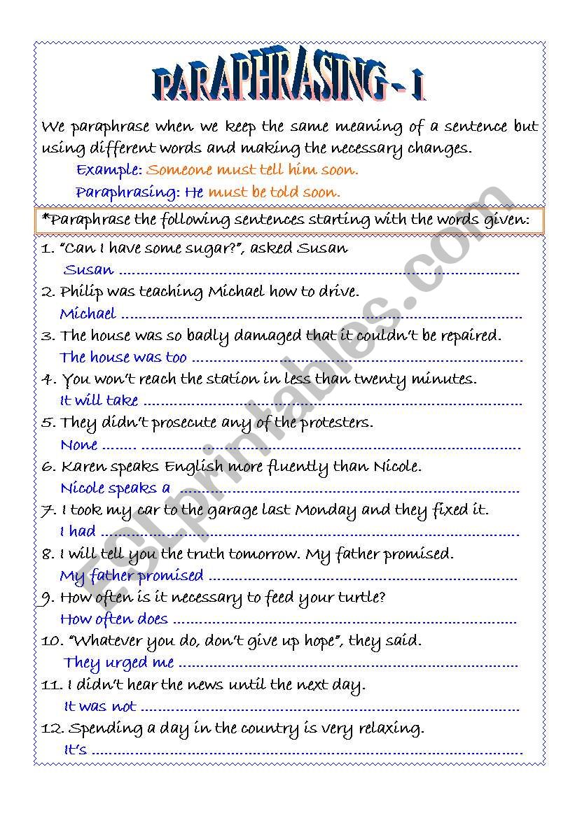 paraphrasing worksheets with answers pdf