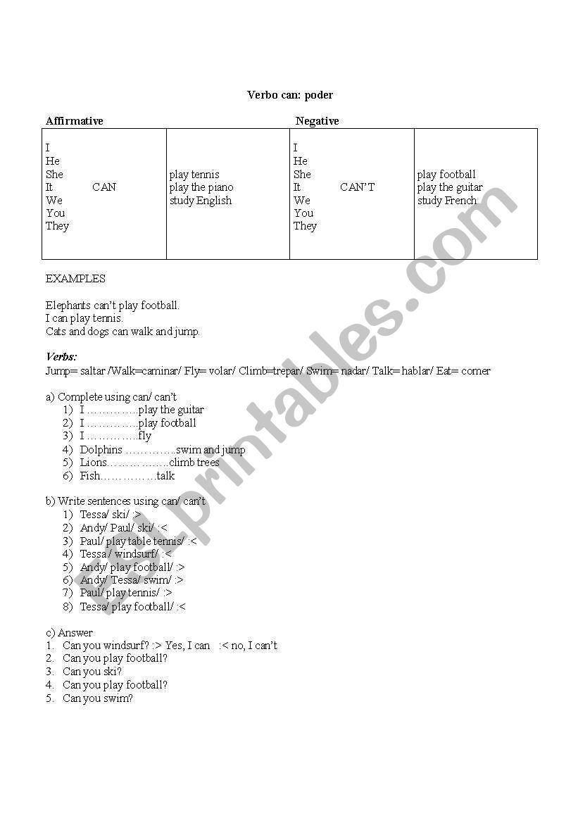 present simple of can worksheet